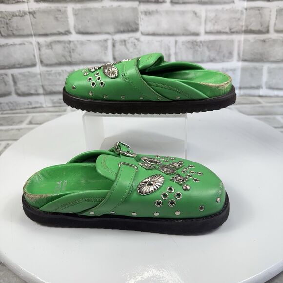 Toga Virilis Archives Green Metal Sabot Eyelet Mules Size 31 EU- US 13/13.5 Kids - Picture 2 of 13